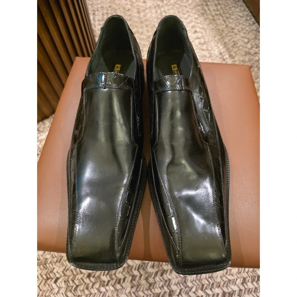 Stacy Adams Leather Loafers Black Dress Shoes Croc Embossed Square Toes Size 13M